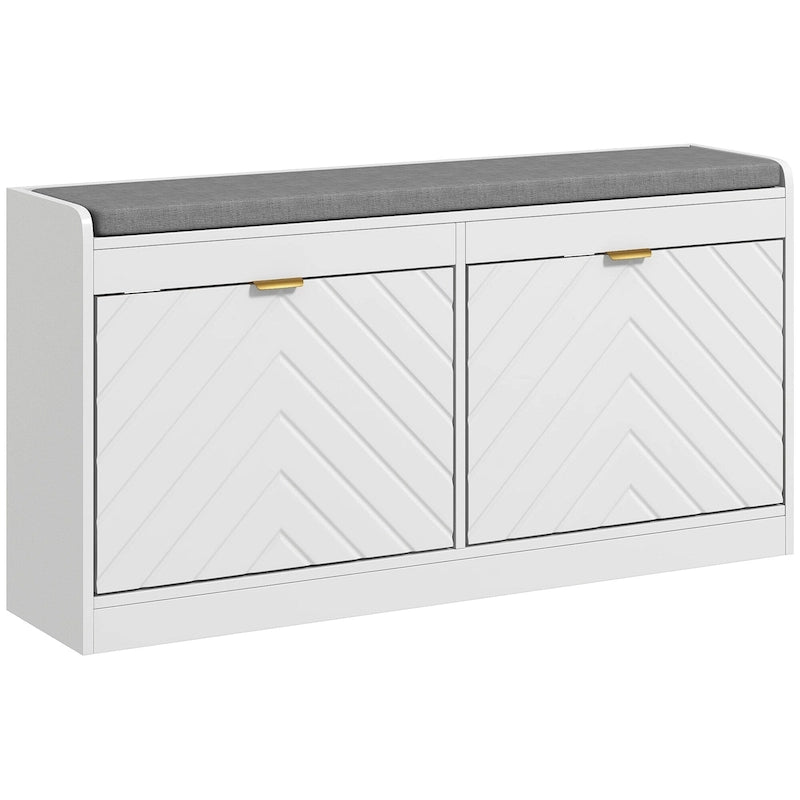 White Flip-Drawer Shoe Storage Bench, Single Seat, 8 Pairs