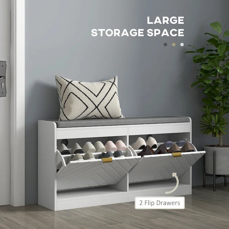 White Flip-Drawer Shoe Storage Bench, Single Seat, 8 Pairs