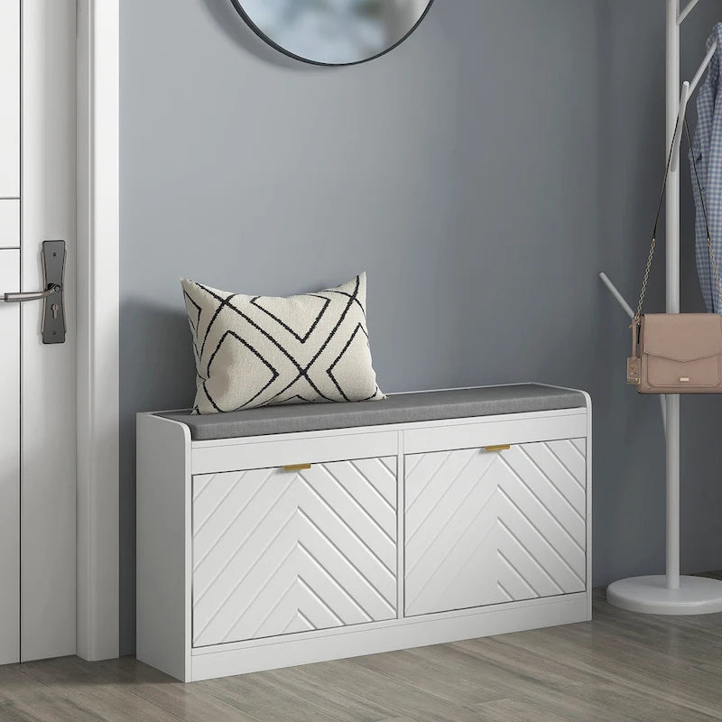 White Flip-Drawer Shoe Storage Bench, Single Seat, 8 Pairs