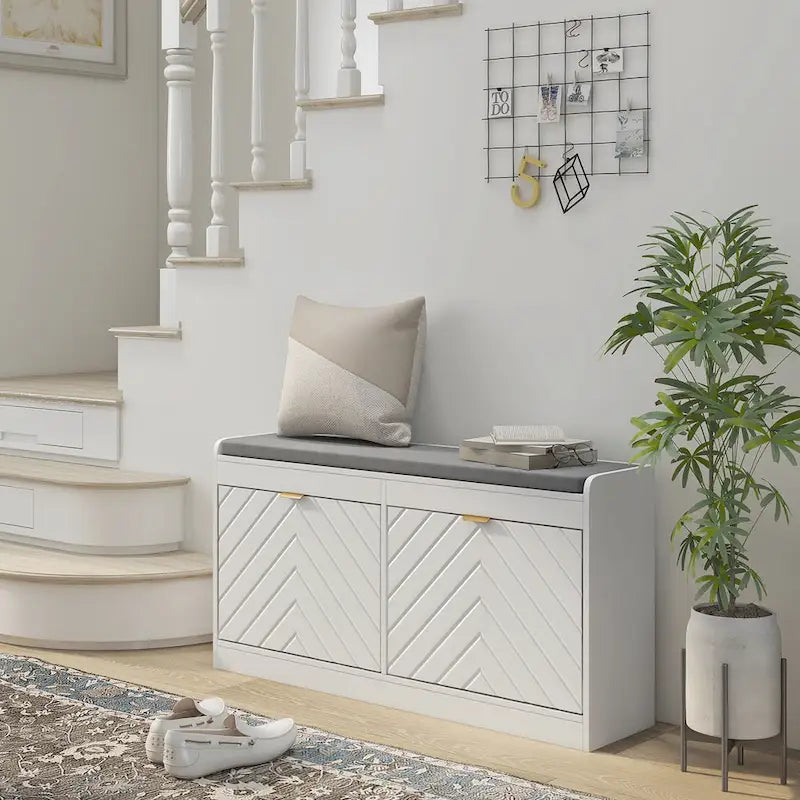 White Flip-Drawer Shoe Storage Bench, Single Seat, 8 Pairs