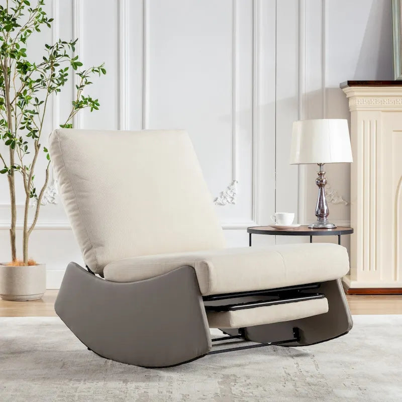 Gray & Beige / Orange & Beige Corduroy Rocking Recliner with Footrest, Single Seat