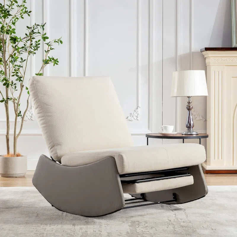 Corduroy Rocker Recliner with Footrest and PU Leather Leg