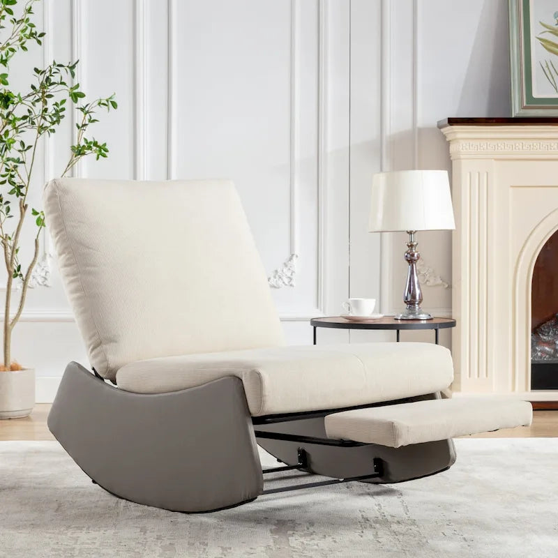 Gray & Beige / Orange & Beige Corduroy Rocking Recliner with Footrest, Single Seat