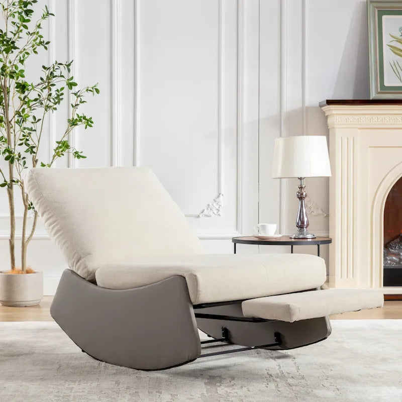 Gray & Beige / Orange & Beige Corduroy Rocking Recliner with Footrest, Single Seat