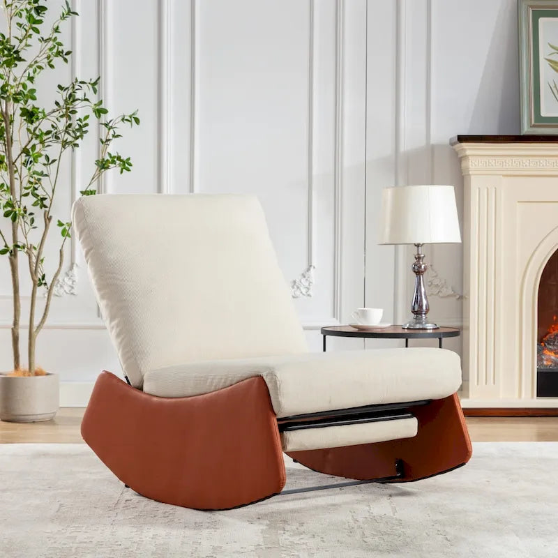 Gray & Beige / Orange & Beige Corduroy Rocking Recliner with Footrest, Single Seat