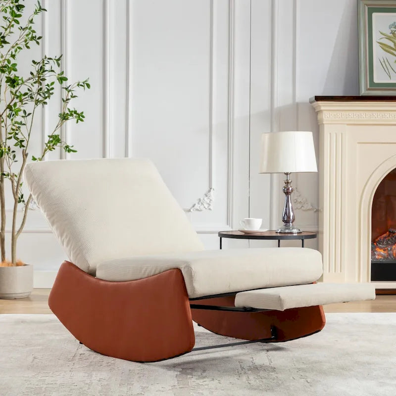 Gray & Beige / Orange & Beige Corduroy Rocking Recliner with Footrest, Single Seat