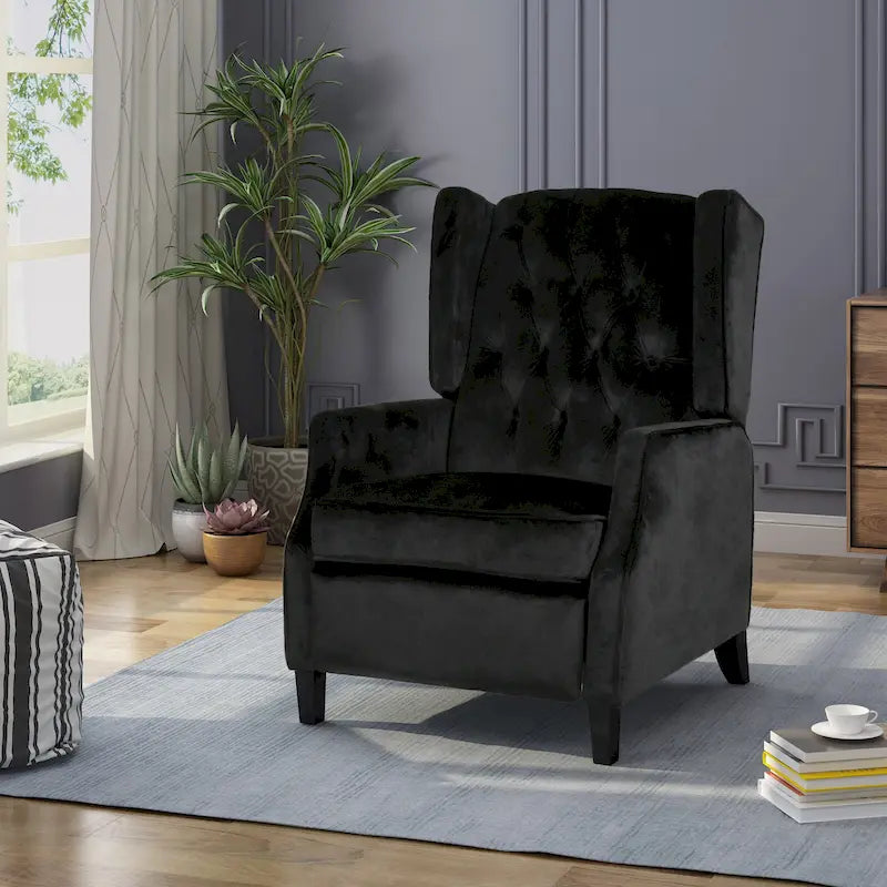 Black Velvet Wingback Pushback Recliner, Single Seat