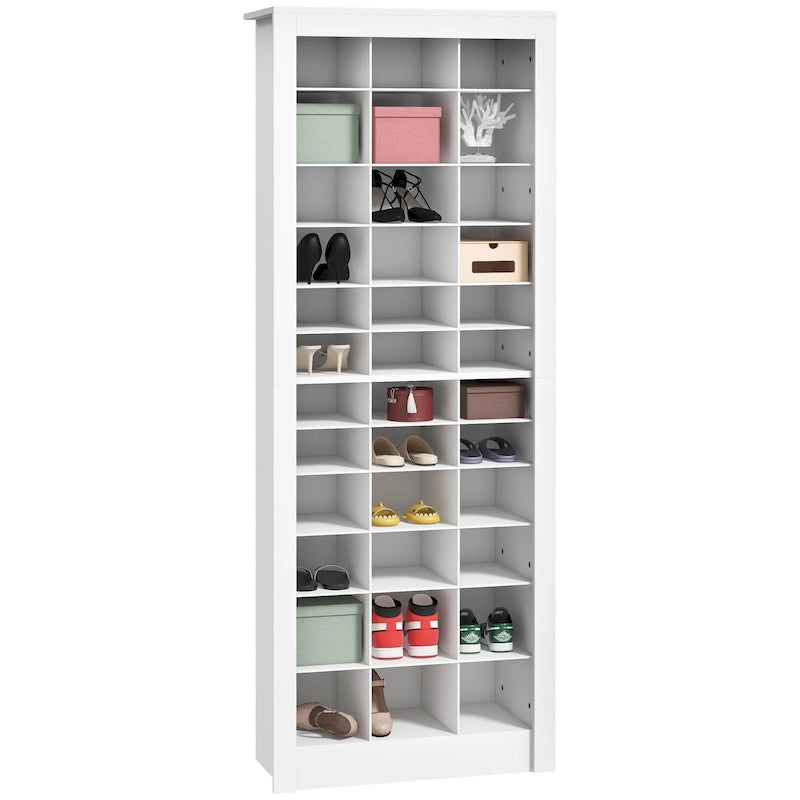 White Tall Narrow Shoe Cabinet with Open Cubes, 36 Pairs