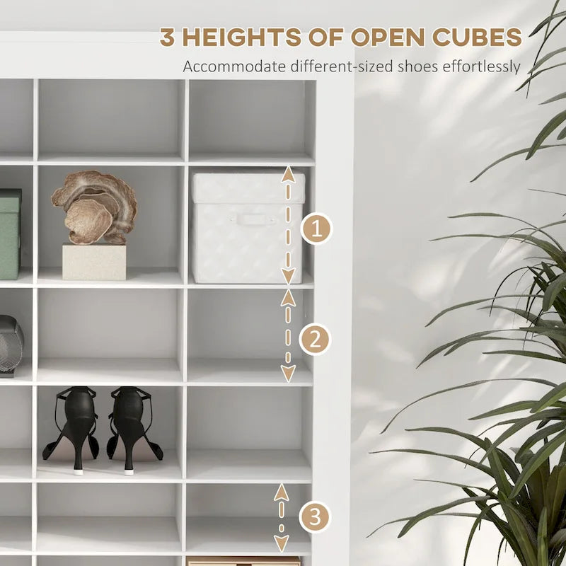 White Tall Narrow Shoe Cabinet with Open Cubes, 36 Pairs