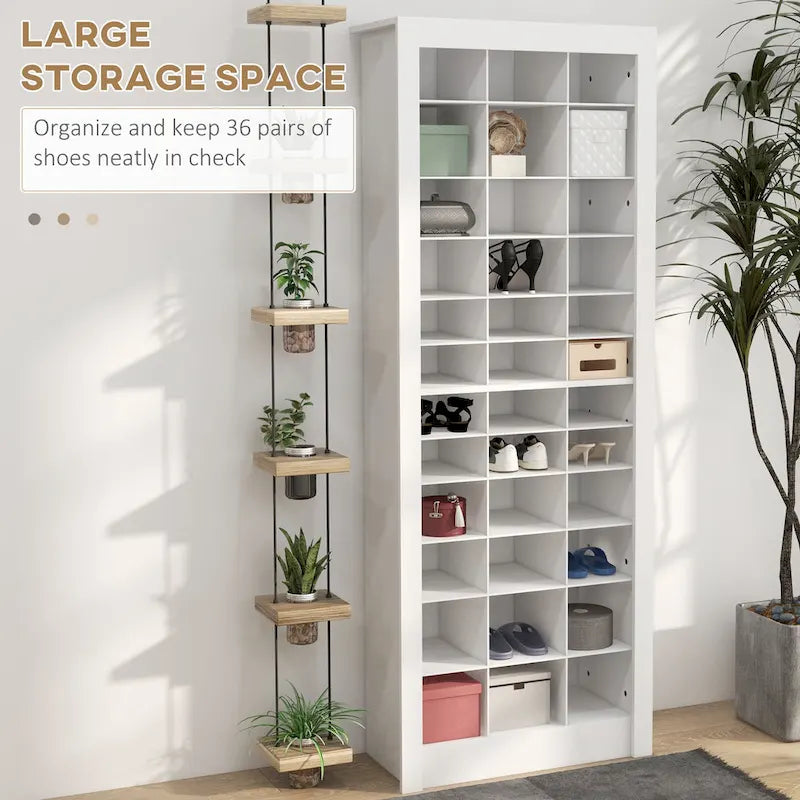 White Tall Narrow Shoe Cabinet with Open Cubes, 36 Pairs