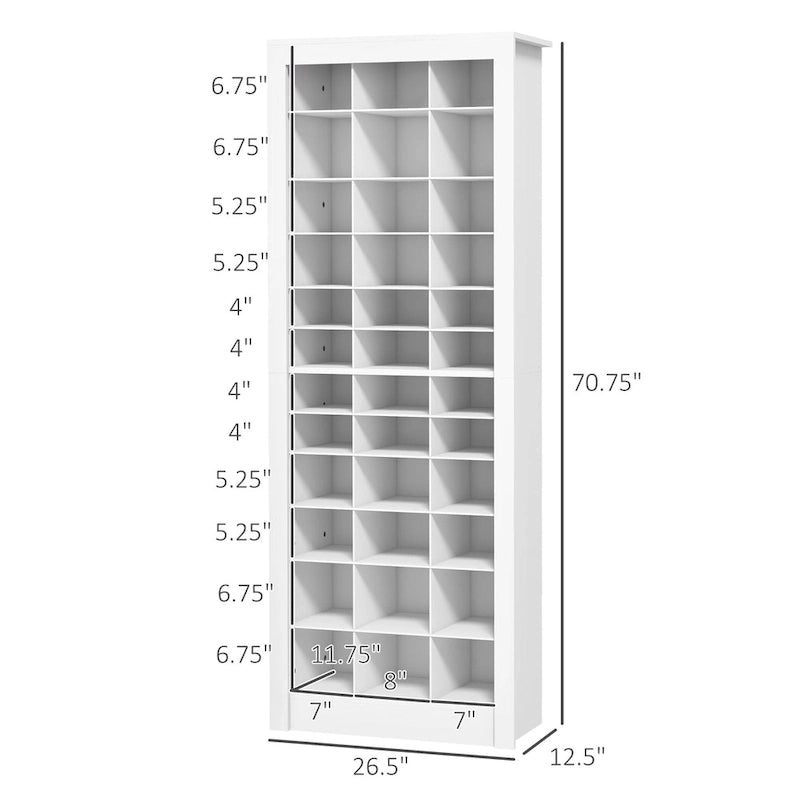 White Tall Narrow Shoe Cabinet with Open Cubes, 36 Pairs