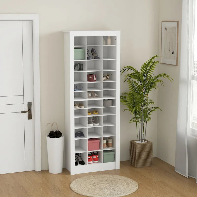 White Tall Narrow Shoe Cabinet with Open Cubes, 36 Pairs
