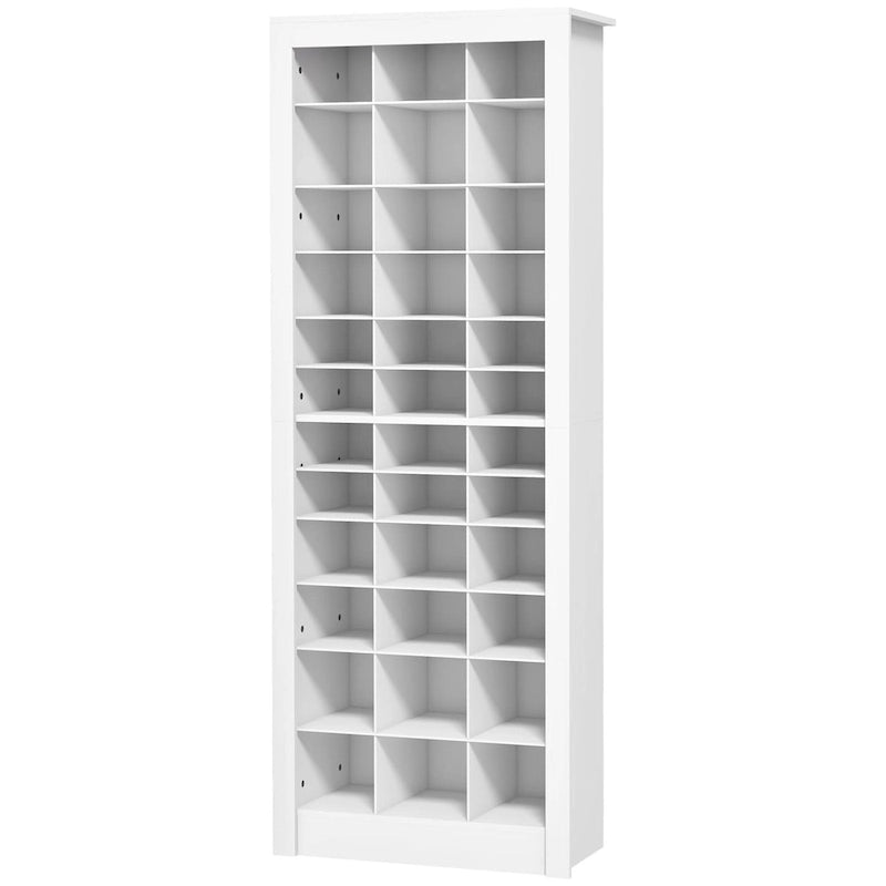 White Tall Narrow Shoe Cabinet with Open Cubes, 36 Pairs