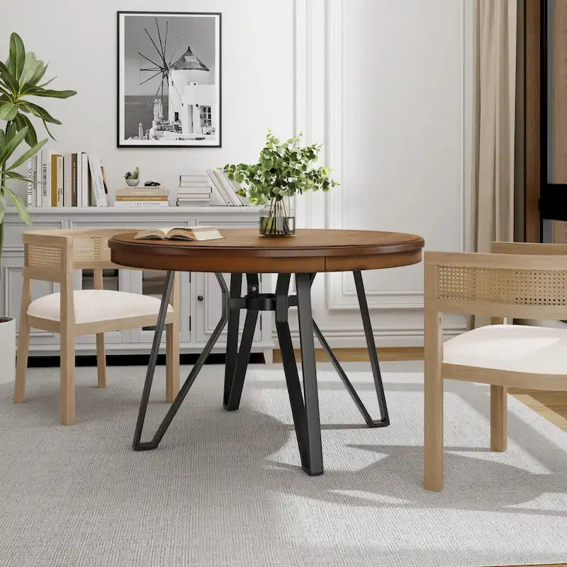 Brown Round Dining Table with Metal Base, Seats 4