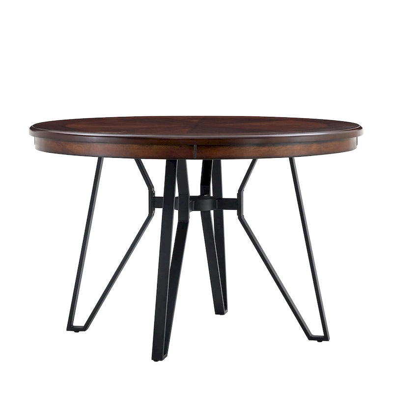 Brown Round Dining Table with Metal Base, Seats 4