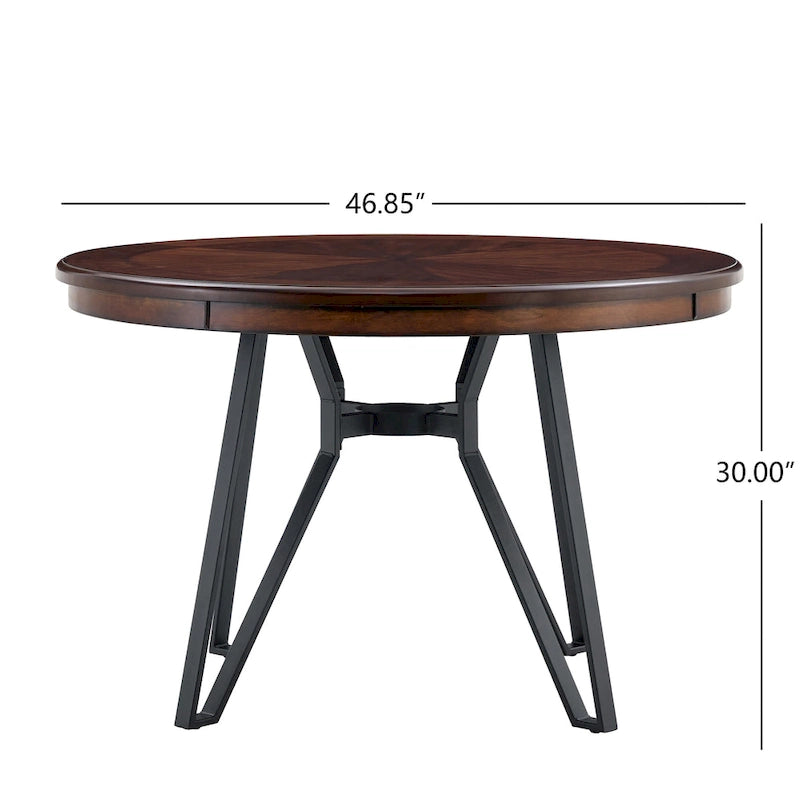 Brown Round Dining Table with Metal Base, Seats 4