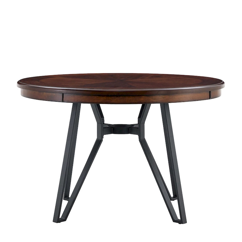 Brown Round Dining Table with Metal Base, Seats 4