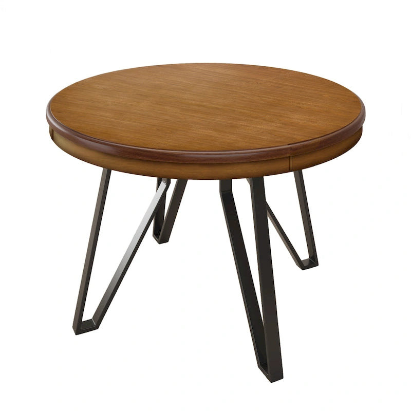 Brown Round Dining Table with Metal Base, Seats 4
