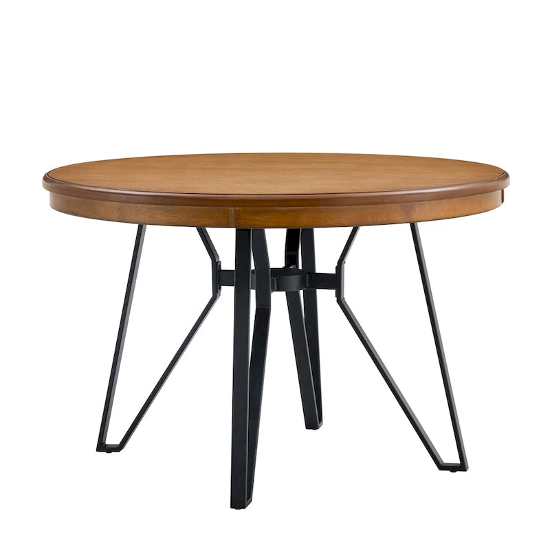 Brown Round Dining Table with Metal Base, Seats 4
