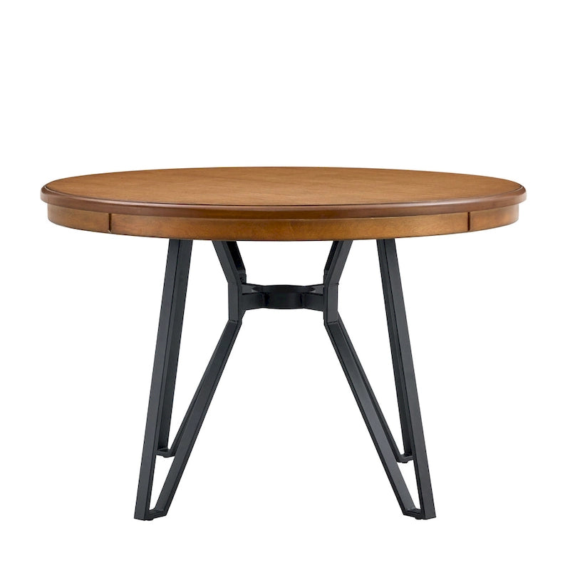 Brown Round Dining Table with Metal Base, Seats 4