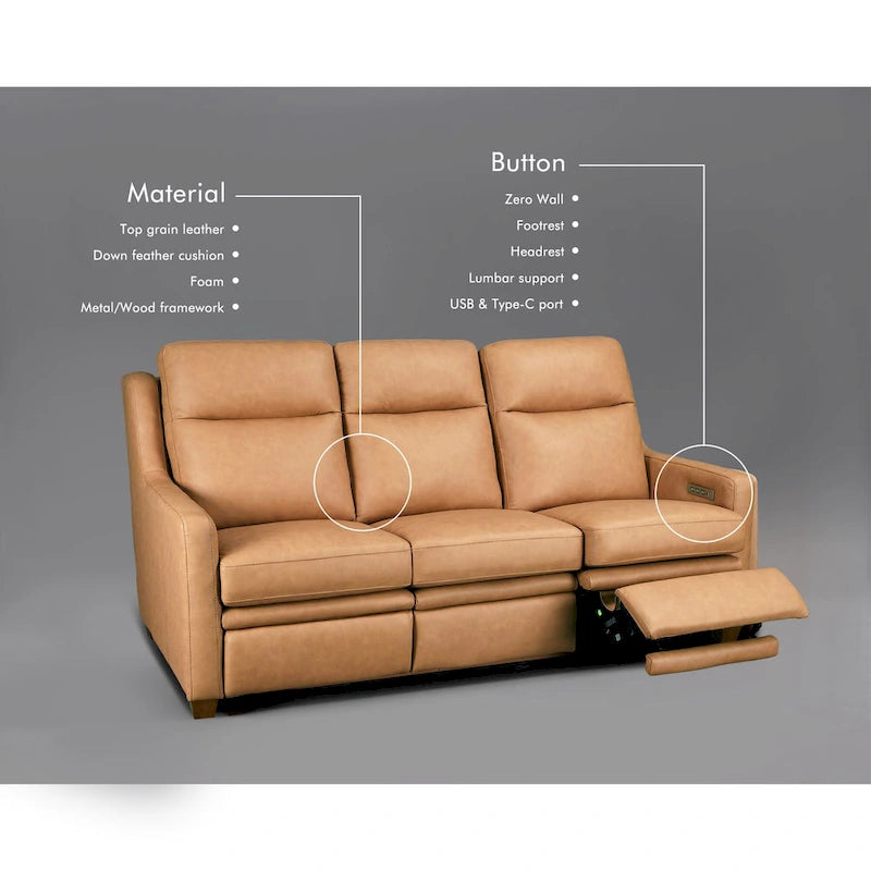 Power Reclining 3-Seat Sofa – Top Grain Leather, Almond / Charcoal / Camel