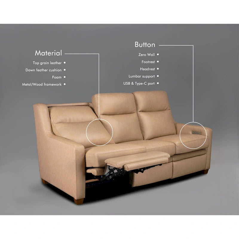 Power Reclining 3-Seat Sofa – Top Grain Leather, Almond / Charcoal / Camel