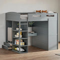 Full Size Loft Bed with Desk, Wardrobe, Drawers & Shelves – Gray / White, 1-Person