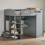 Full Size Loft Bed with Desk, Wardrobe, Drawers & Shelves – Gray / White, 1-Person