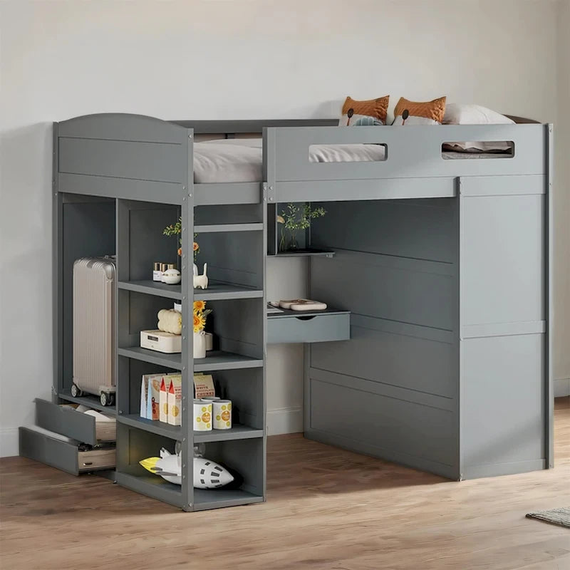 Full Size Loft Bed with Desk, Wardrobe, Drawers & Shelves – Gray / White, 1-Person