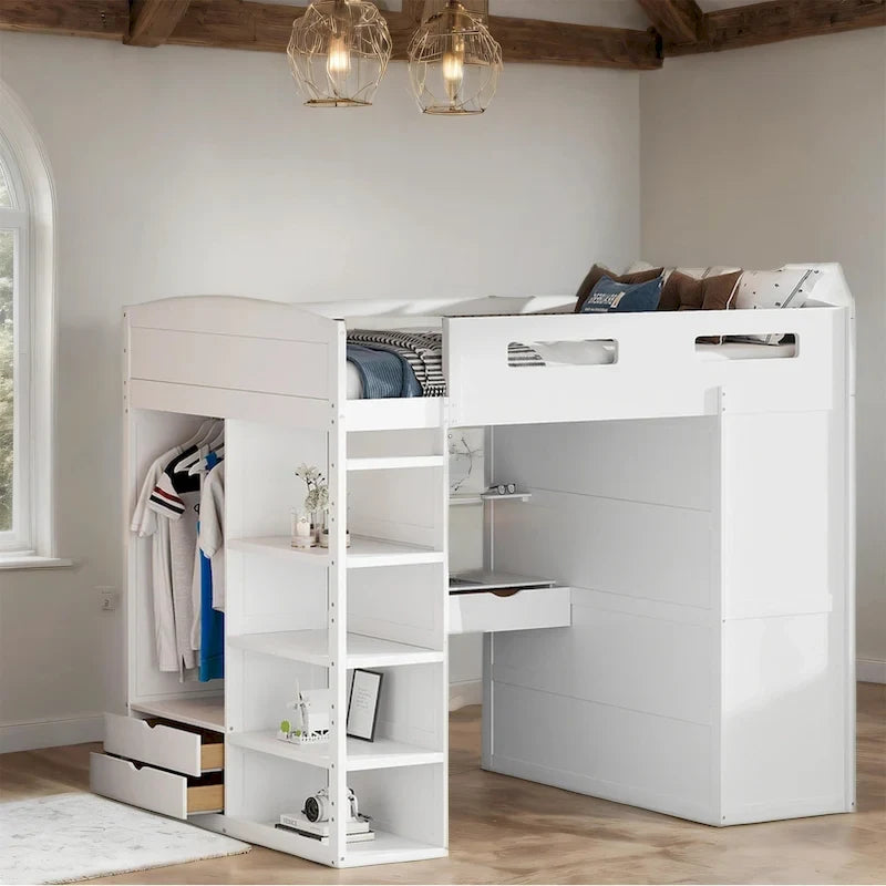 Full Size Loft Bed with Desk, Wardrobe, Drawers & Shelves – Gray / White, 1-Person