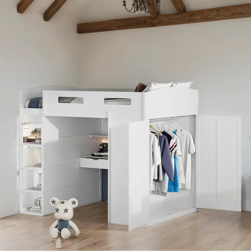 Full Size Loft Bed with Desk, Wardrobe, Drawers & Shelves – Gray / White, 1-Person