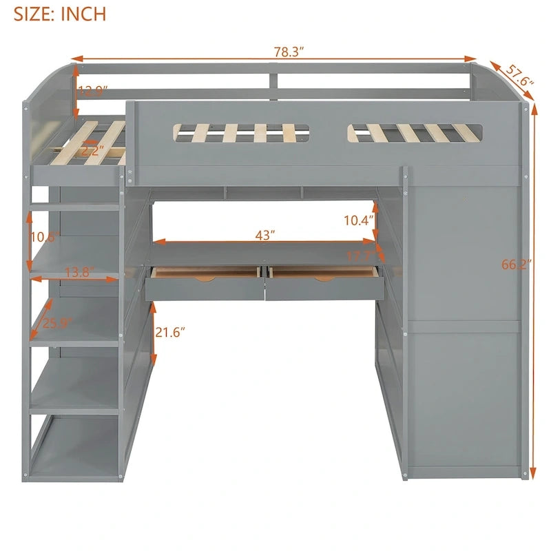 Full Size Loft Bed with Desk, Wardrobe, Drawers & Shelves – Gray / White, 1-Person