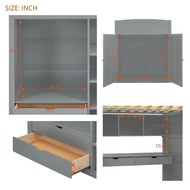 Full Size Loft Bed with Desk, Wardrobe, Drawers & Shelves – Gray / White, 1-Person
