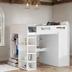 Full Size Loft Bed with Desk, Wardrobe, Drawers & Shelves – Gray / White, 1-Person
