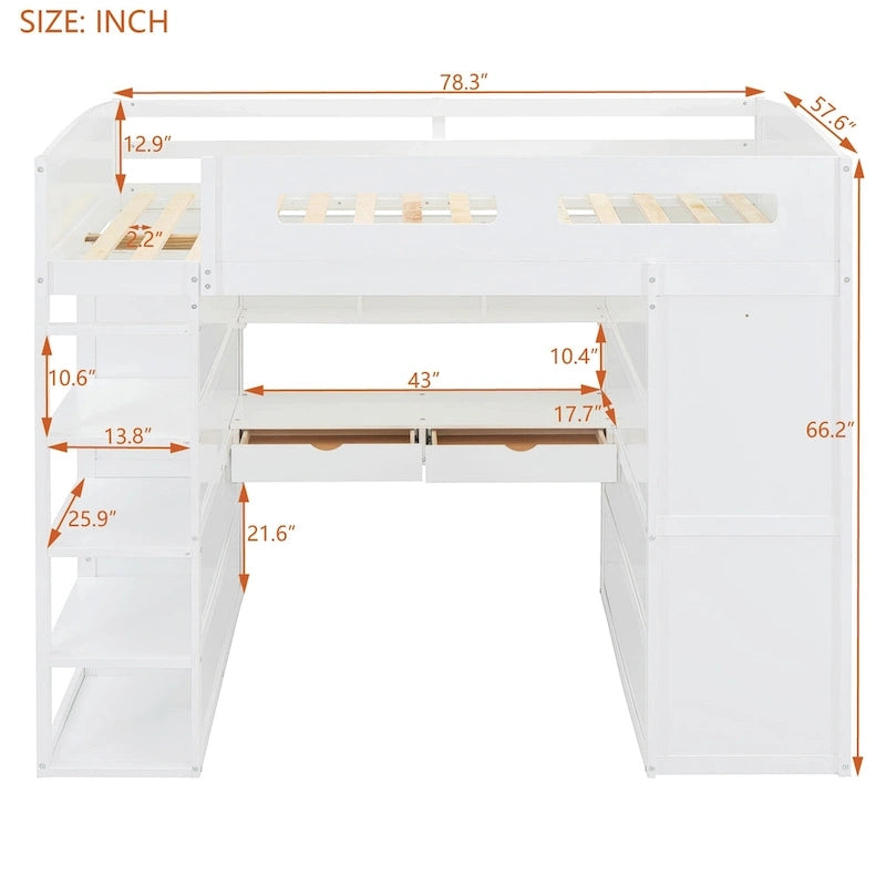 Full Size Loft Bed with Desk, Wardrobe, Drawers & Shelves – Gray / White, 1-Person