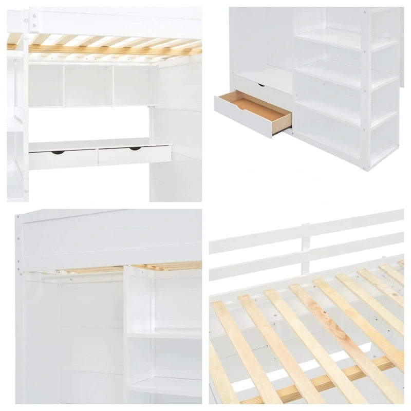 Full Size Loft Bed with Desk, Wardrobe, Drawers & Shelves – Gray / White, 1-Person