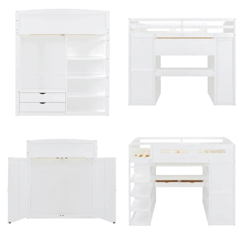 Full Size Loft Bed with Desk, Wardrobe, Drawers & Shelves – Gray / White, 1-Person