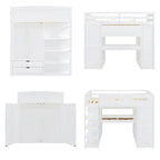 Full Size Loft Bed with Desk, Wardrobe, Drawers & Shelves – Gray / White, 1-Person