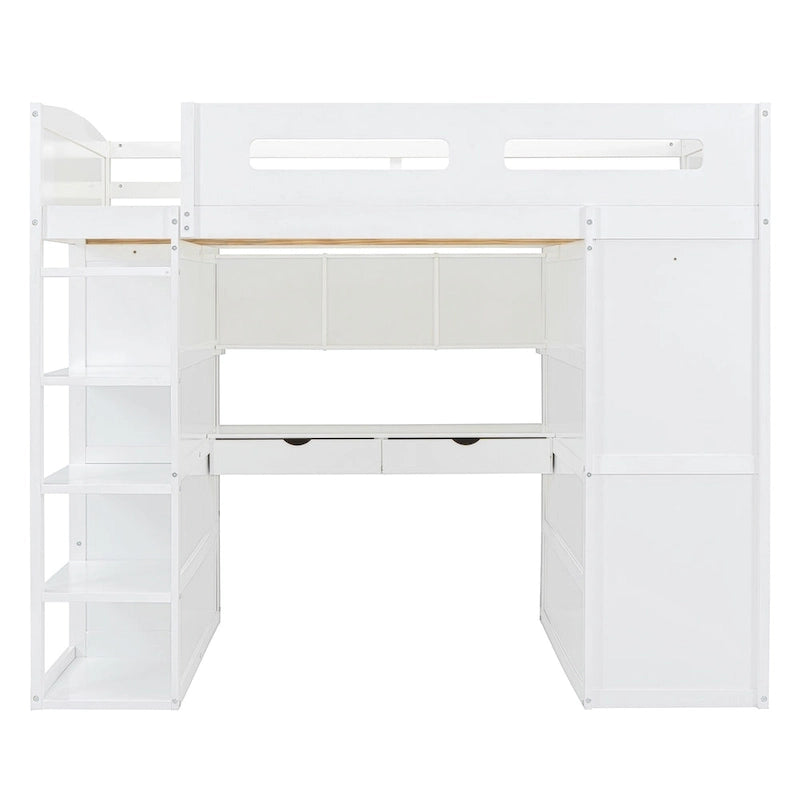 Full Size Loft Bed with Desk, Wardrobe, Drawers & Shelves – Gray / White, 1-Person
