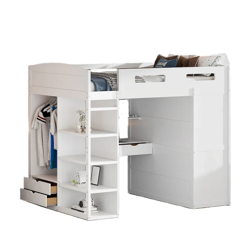 Full Size Loft Bed with Desk, Wardrobe, Drawers & Shelves – Gray / White, 1-Person