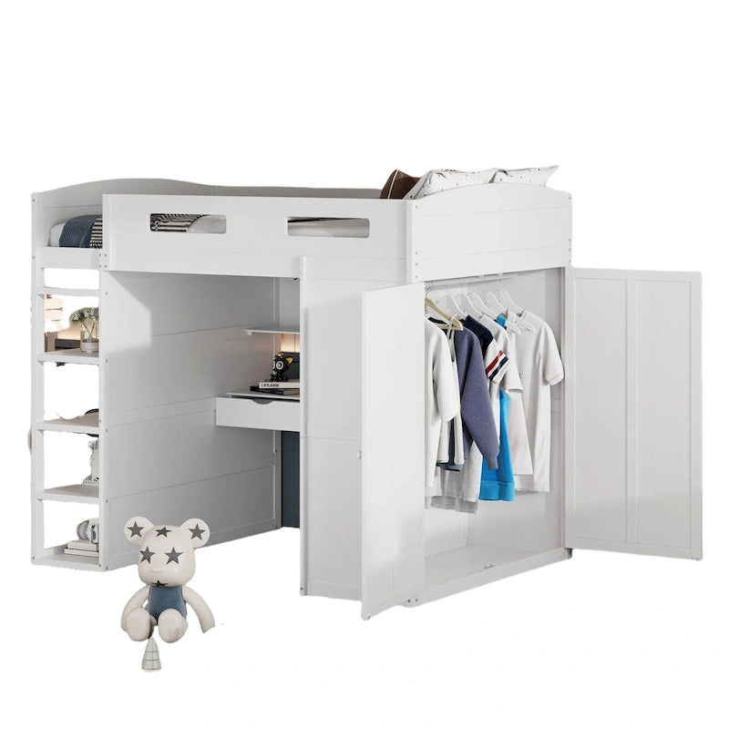 Full Size Loft Bed with Desk, Wardrobe, Drawers & Shelves – Gray / White, 1-Person