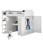 Full Size Loft Bed with Desk, Wardrobe, Drawers & Shelves – Gray / White, 1-Person