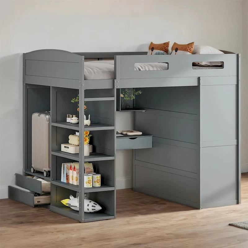 Full Size Loft Bed with Desk, Wardrobe, Drawers & Shelves – Gray / White, 1-Person