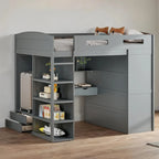 Full Size Loft Bed with Desk, Wardrobe, Drawers & Shelves – Gray / White, 1-Person