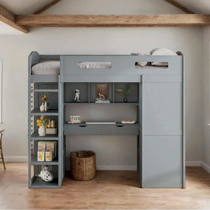 Full Size Loft Bed with Desk, Wardrobe, Drawers & Shelves – Gray / White, 1-Person