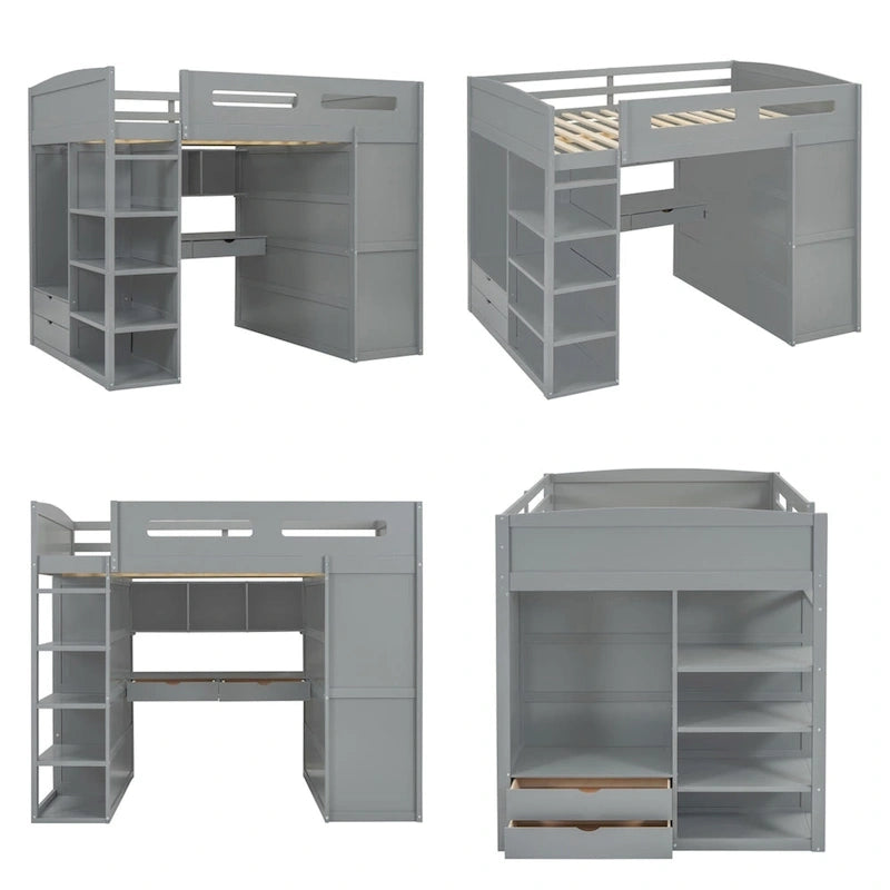Full Size Loft Bed with Desk, Wardrobe, Drawers & Shelves – Gray / White, 1-Person