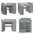Full Size Loft Bed with Desk, Wardrobe, Drawers & Shelves – Gray / White, 1-Person