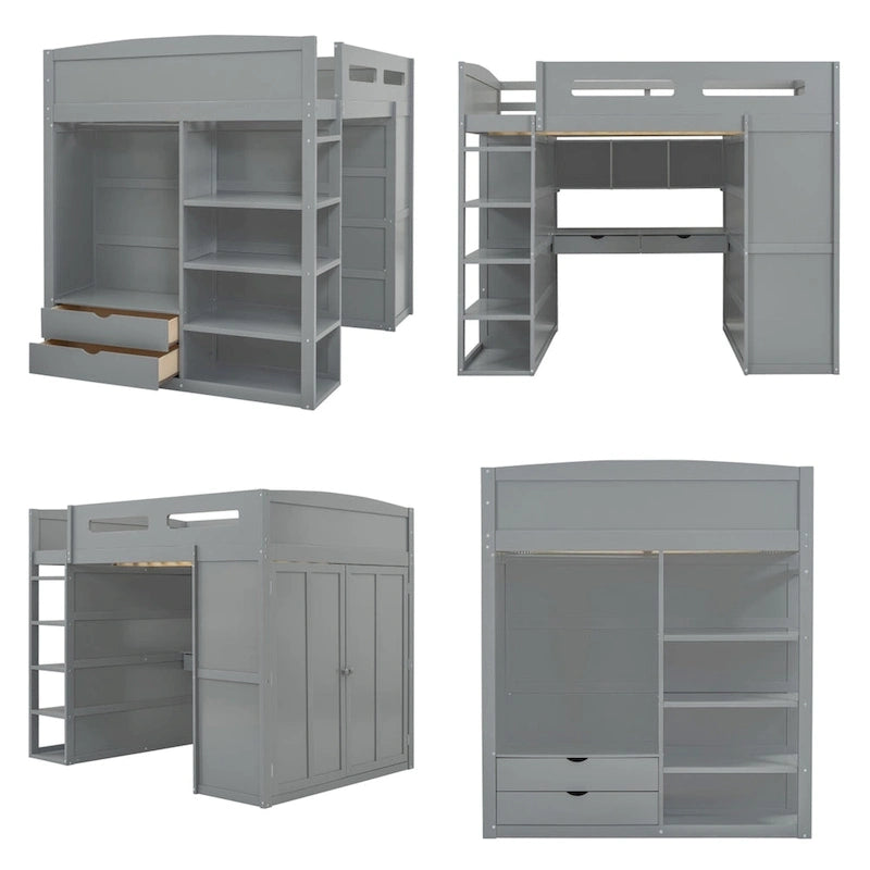 Full Size Loft Bed with Desk, Wardrobe, Drawers & Shelves – Gray / White, 1-Person