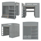 Full Size Loft Bed with Desk, Wardrobe, Drawers & Shelves – Gray / White, 1-Person