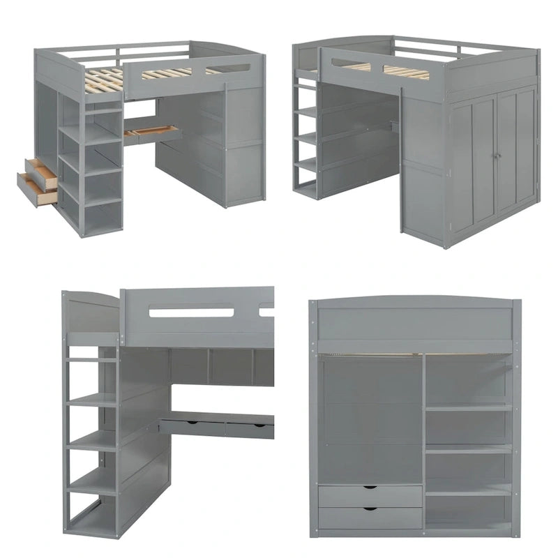 Full Size Loft Bed with Desk, Wardrobe, Drawers & Shelves – Gray / White, 1-Person